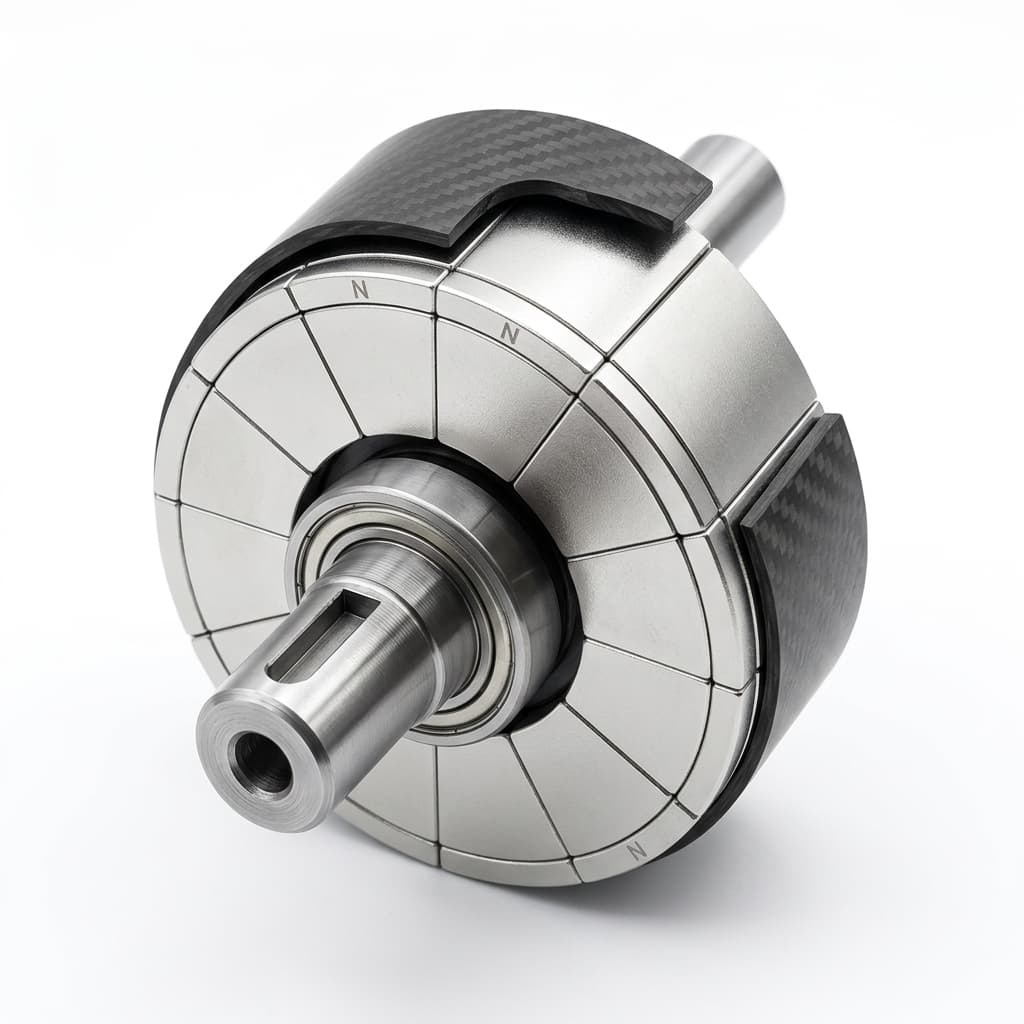 Halbach BLDC motor rotor with carbon fiber retention sleeve and precision shaft